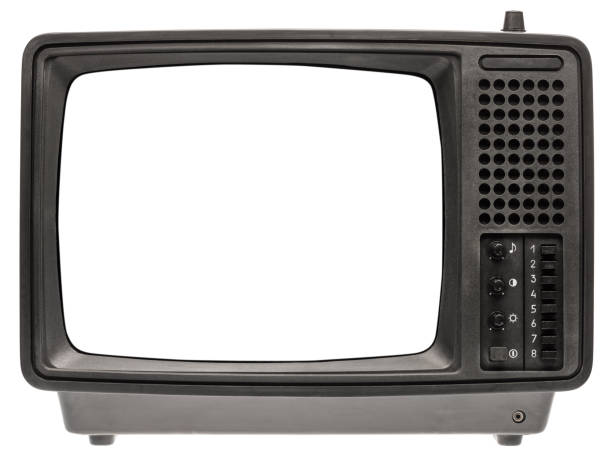 Retro old portable TV set with blank screen template isolated on white stock photo