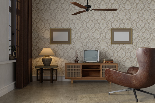 Retro Style Living Room Interior With Vintage Television, Armchair And Empty Picture Frames On The Wall
