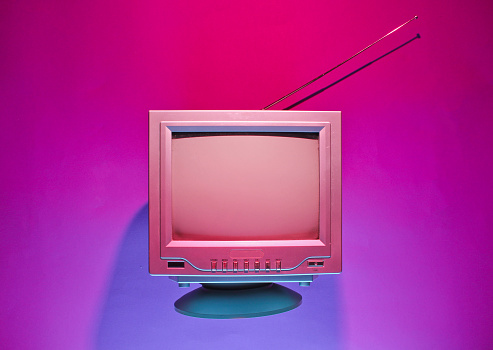 Retro Wave 80s Concept Old Tv With Antenna Neon Light Night Television ...