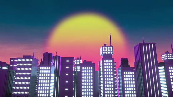 Retrowave style background of neon city. 3d rendering.