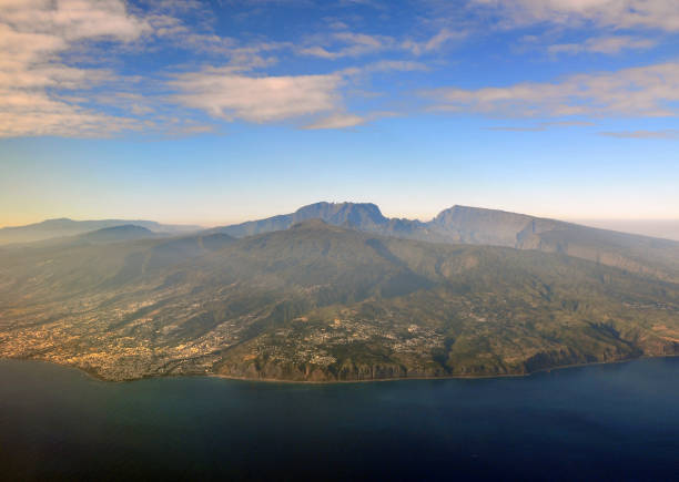 Reunion island seen from the air with the Piton des Neiges mountain, Reunion island, Indian Ocean stock photo