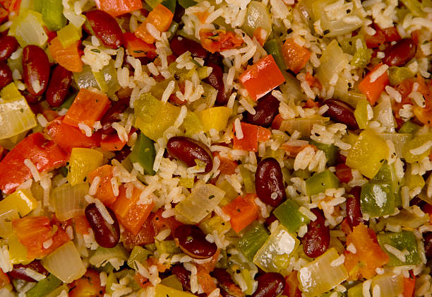 rice and beans with peppers stock photo