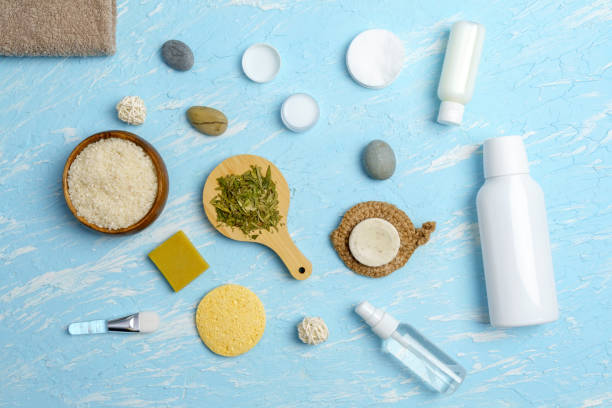 Rice and green tea are skin care products and eco friendly accessories. Fermented beauty care trend. Flat lay stock photo