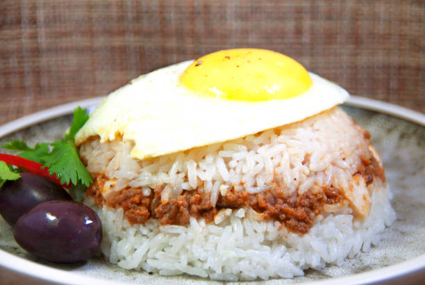 Rice covered with meat stock photo