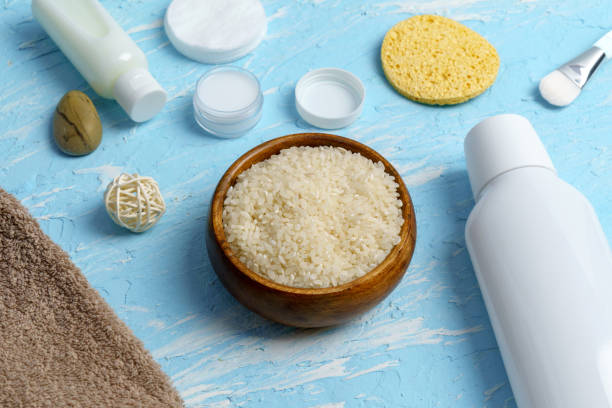 Rice for holistic skin care therapy. Holistic beauty concept, fermented beauty care trend stock photo