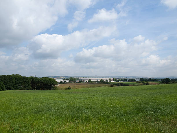 Rich verdant grass field near a large industrial estate UK stock photo