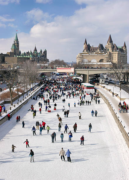 Rideau Canal Skating Rink and Parliament of Canada stock photo