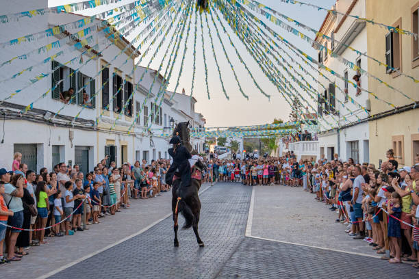 ryttare bak upp på sin häst under en häst firandet på den spanska ön menorca - lounge horse bildbanksfoton och bilder