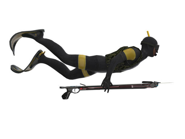 Right side view of  isolated diver carrying speargun while swimming. White background ready cutout 3d rendering stock photo