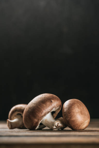 champignons portobello mûrs sur table en bois isolé sur fond noir - champignon et en studio et fond noir photos et images de collection