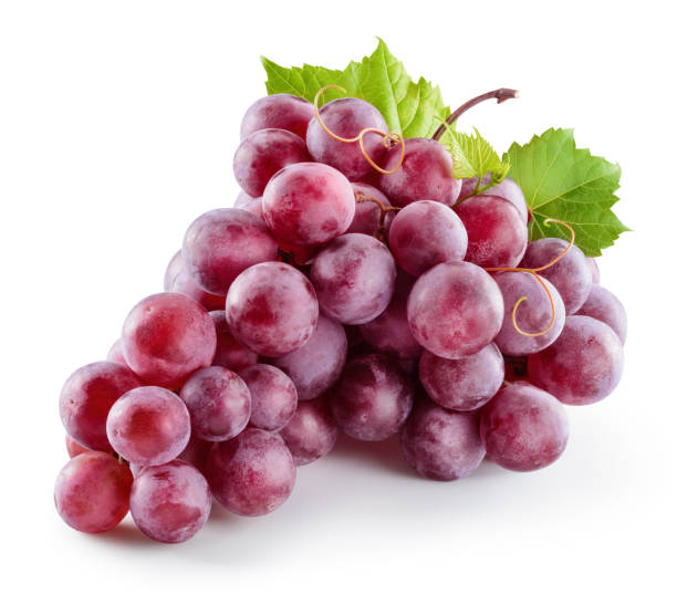 ripe red grape. pink bunch with leaves isolated on white. with clipping path. full depth of field. - uvas imagens e fotografias de stock