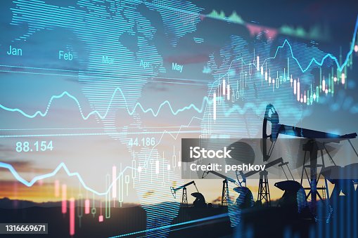 istock Rise in gasoline prices concept with double exposure of digital screen with financial chart graphs and oil pumps on a field. 1316669671