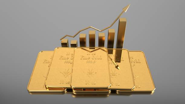 stigande guldpriser på aktiemarknaden. 3d illustration. - gold reserve bildbanksfoton och bilder