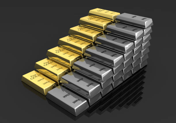 Rising Precious Metals Rising national bank treasury. Gold, platinum and silver ingots rising step by step on black background. The earnings of new billionaires have been increasing rapidly in recent years. / You can see the animation movie of this image from my iStock video portfolio. Video number: 1386757644 gold bars stock pictures, royalty-free photos & images