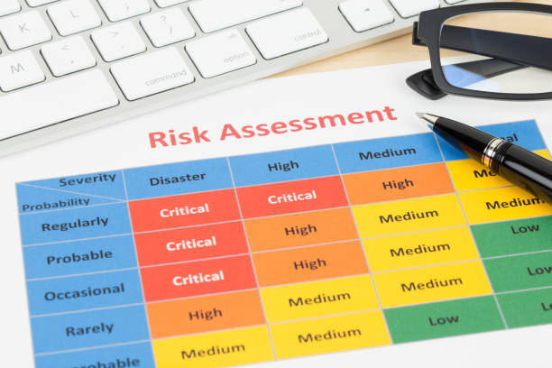 Risk management matrix chart with pen and keyboard stock photo