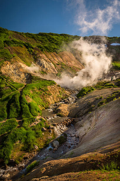 River and cascades between thermal features of Mutnovsky Volcano stock photo