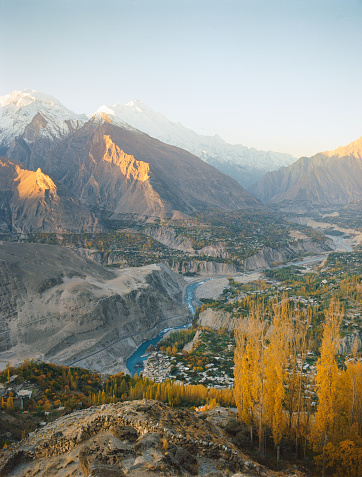 Scenic view of river canyon in Himalayas mountains  in autumn