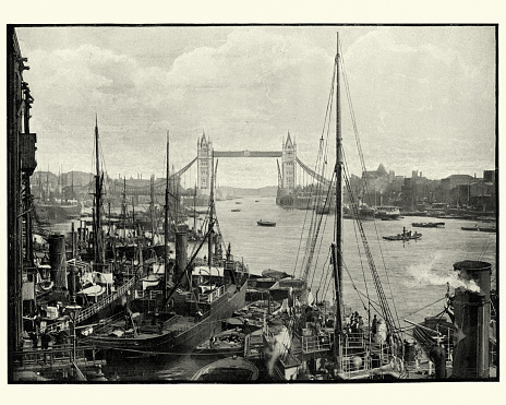 Vintage photograph of River Thames and Tower Bridge, London, 19th Century