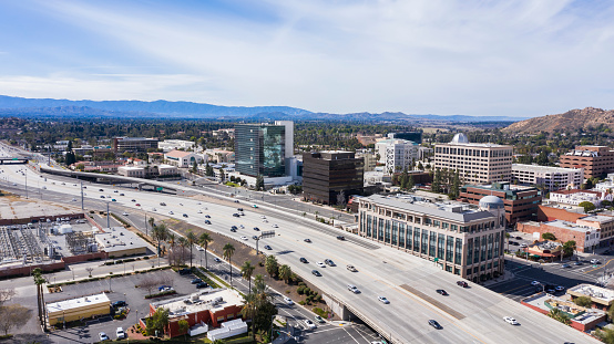 Daytime skyline aerial view of downtown Riverside, California, USA.