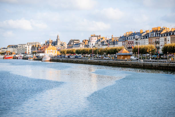 Riverside of Trouville village in France Landscape view on the riverside of trouville village, famous french resort in Normandy calvados stock pictures, royalty-free photos & images