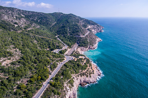 Road Along The Shores Of Garraf Aerial View Stock Photo - Download Image Now - Sitges, Aerial View, Barcelona - Spain - iStock