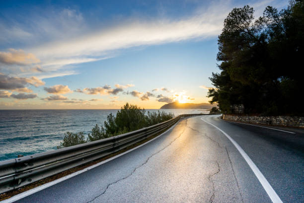 Road at Sunset Landscape In Liguria Italy stock photo