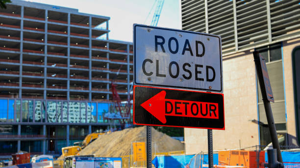 Road closed detour sign in downtown Austin stock photo