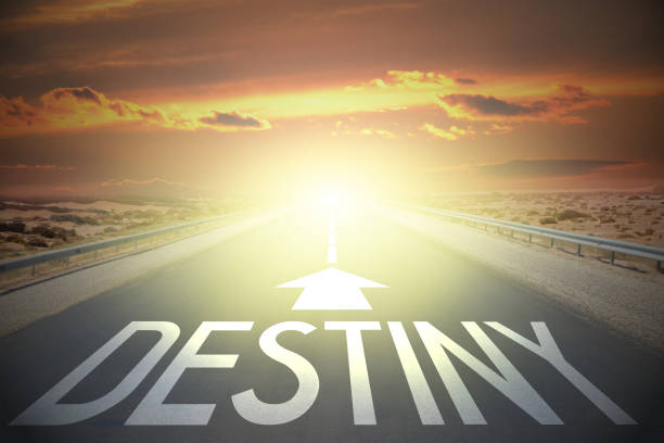 Road concept - destiny Empty road and sunset/sunrise sky, "destiny" text.

 fate stock pictures, royalty-free photos & images