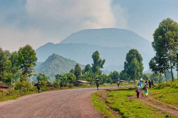 Road from Nyiragongo Volcanot into the city of Goma, Congo stock photo