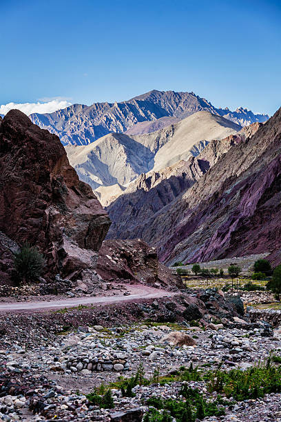 Road in Himalayas with mountains Leh-Manali road in Himalayas in Ladakh, India leh district stock pictures, royalty-free photos & images
