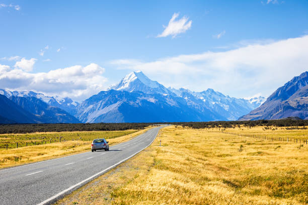 Road leading to mount cook national park, South Island New Zealand stock photo