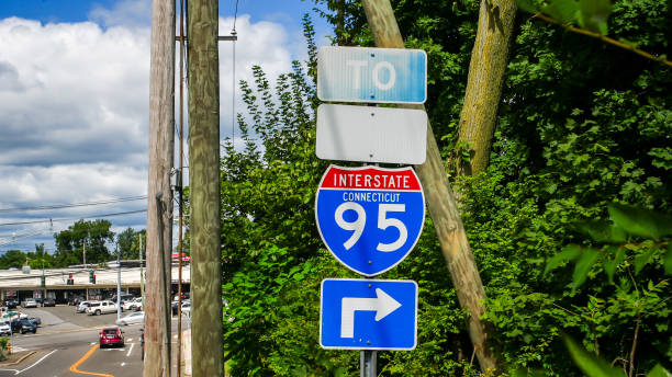 Road sign for  highway I-95 near Post road stock photo