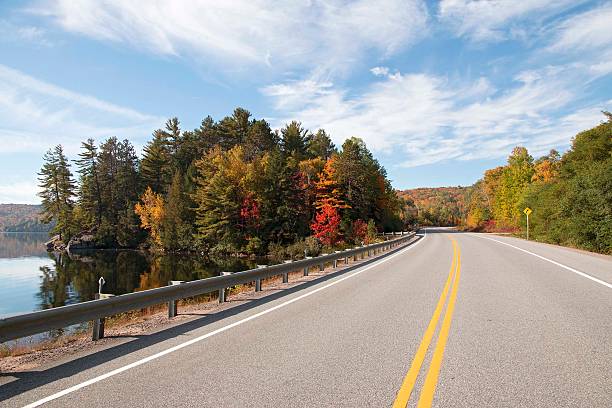 Road to Algonquin Park in fall, Ontario, Canada stock photo