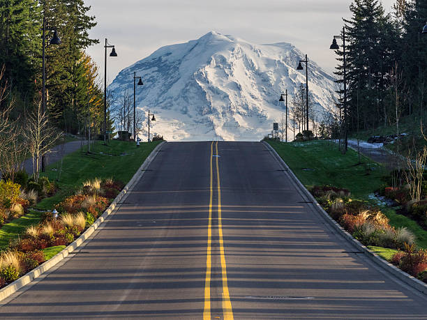 road to the mountain Rainier empty road to the Mountain Rainier, Seattle, WA, US. mt rainier stock pictures, royalty-free photos & images