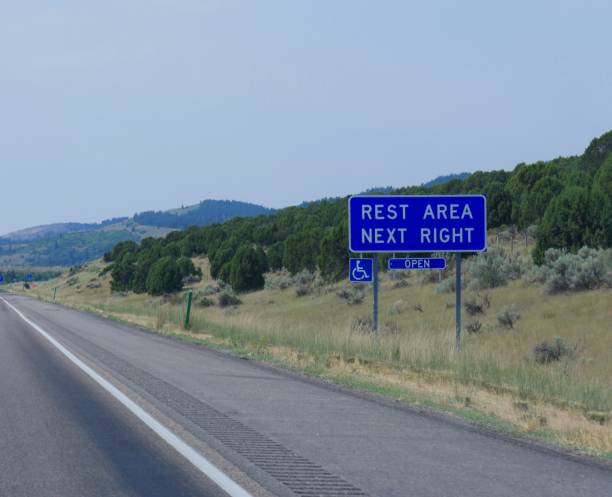 Roadside sign with directions to a rest area along the road in Utah. stock photo