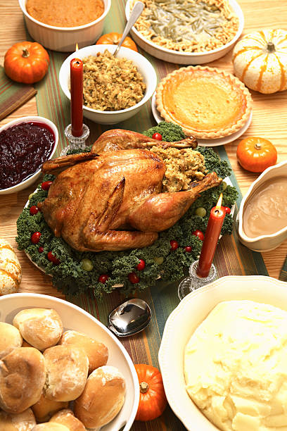 roast chicken on a table for Christmas stock photo
