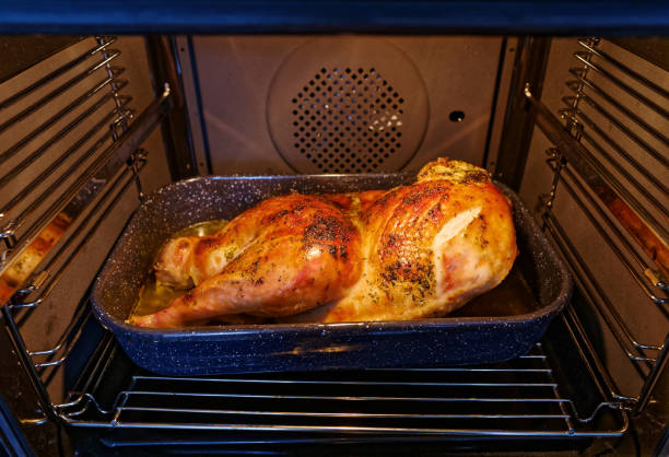 Roasted turkey in oven. Thanksgiving dinner stock photo