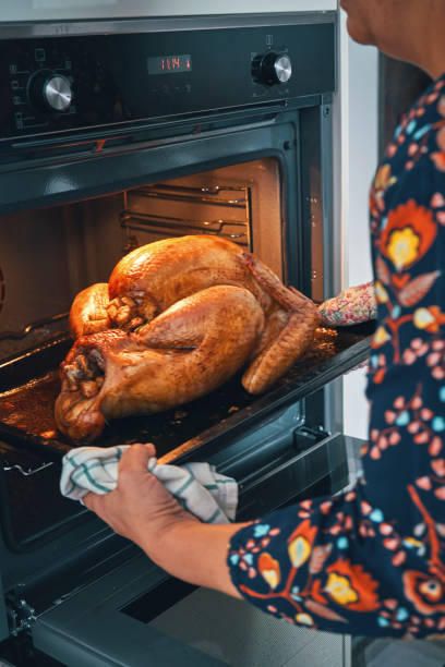 roasting turkey in the oven for holiday dinner - 4k upplösning bildbanksfoton och bilder