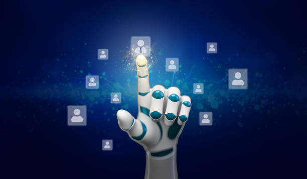 robot arm is choosing a person out of many on a touchscreen - 3d illustration stock photo
