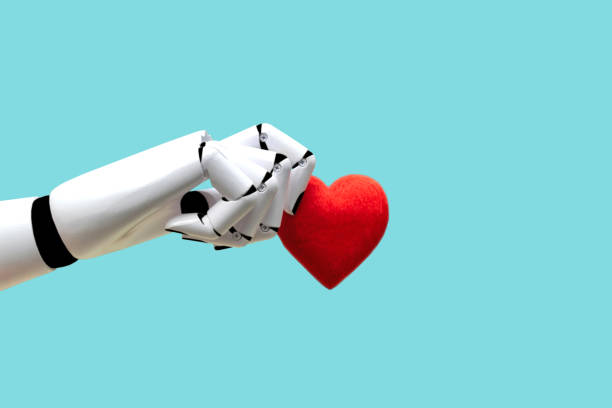 Robot hand holding heart Medical Technology Future Power stock photo