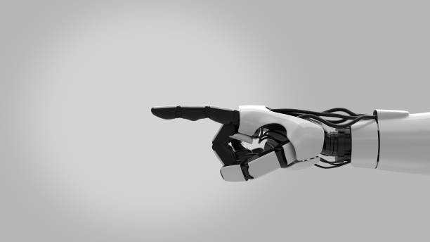 рука робота, указывающая на белый фон. 3d рендеринг. - robot hand white background стоковые фото и изображения