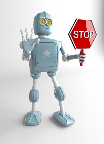 Robot Espera Señal De Stop Render 3d Foto de stock y más banco de imágenes de Señal de - de stop, Humor, Abstracto -