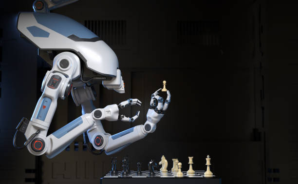 Robot playing a game of chess stock photo