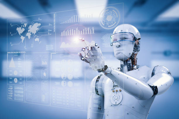 robot working with digital display stock photo