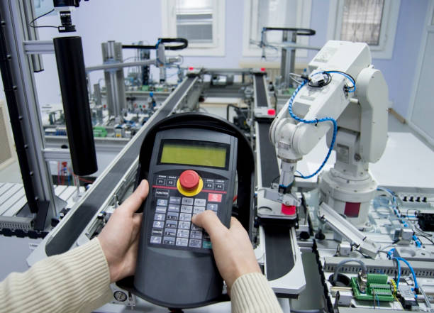robotic arm and industry 4.0 automation line stock photo