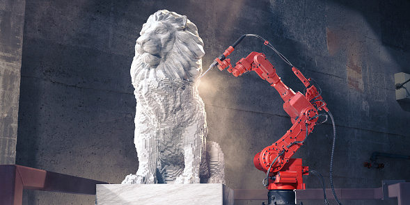 A digitally generated image of a generic robotic arm part way through sculpting a statue of a lion from marble stone. The robotic arm is working in an old industrial building.
