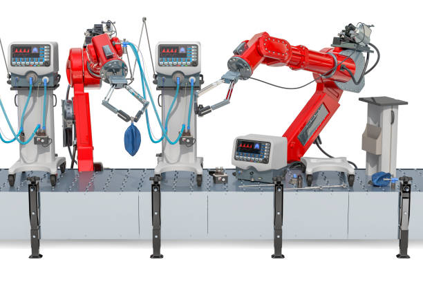 роботизированное производство оружия медицинской вентиляции легких, icu. 3d-рендеринг изолирован на белом фоне - robot hand white background стоковые фото и изображения