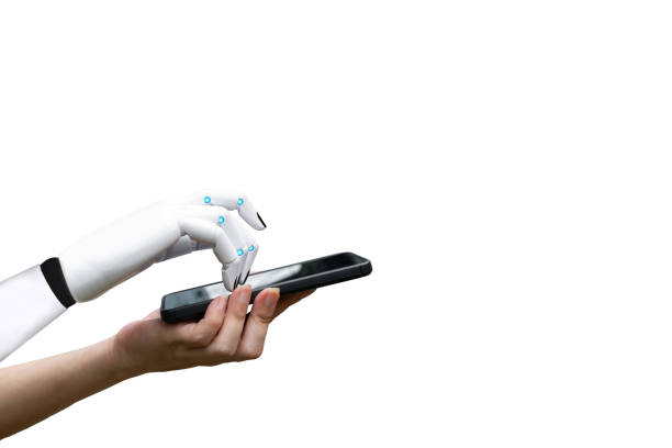 роботизированный искусственный интеллект переход человеческой руки к роботу стороны нажмите кнопку смартфона белый фон - robot hand white background стоковые фото и изображения