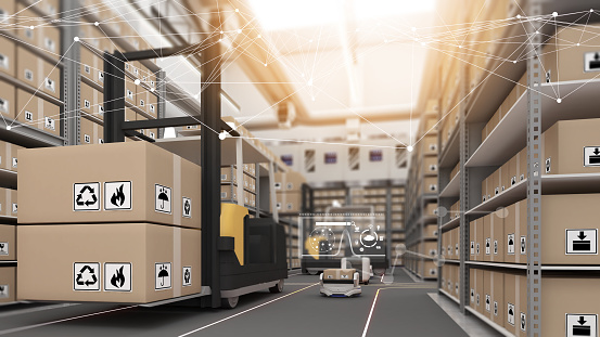 The concept of using technology to manage warehouses and parcels with automation. Reduce dependency on people for work