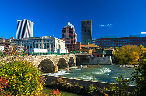 Rochester Skyline with Stone Bridge and River stock photo